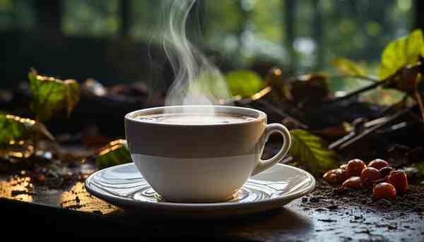 Чаша топла напитка на маса в спокойна сцена